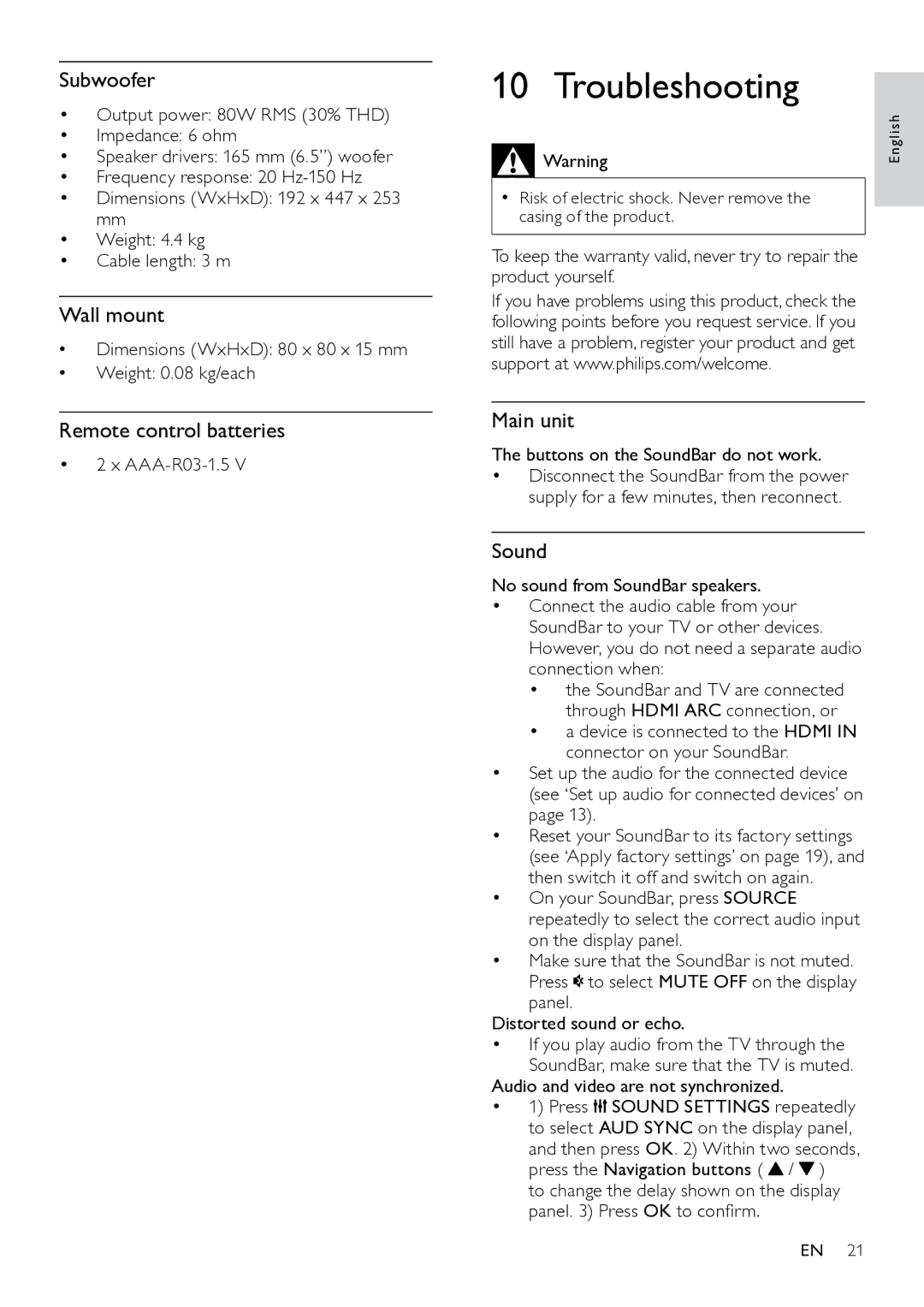 Philips HTS7111 user manual Troubleshooting, Subwoofer, Wall mount, Remote control batteries, Sound 