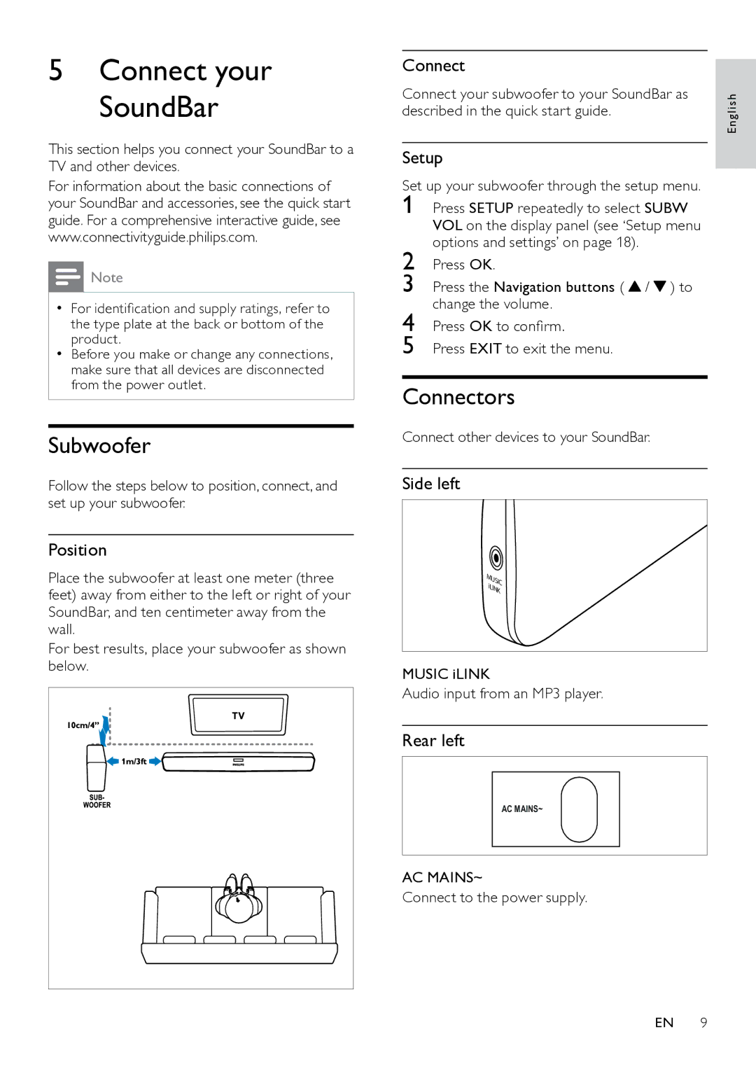 Philips HTS7111 user manual Subwoofer, Connectors 