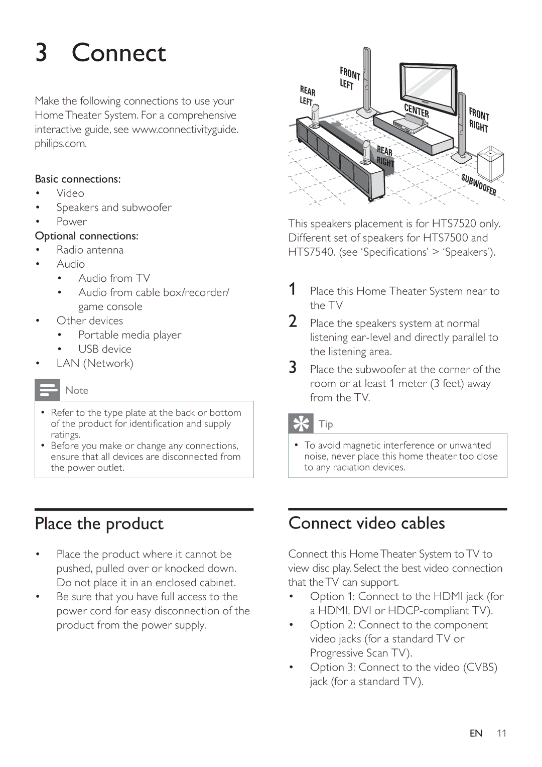 Philips HTS7520, HTS7500 user manual Place the product, Connect video cables, Basic connections Video, Power 