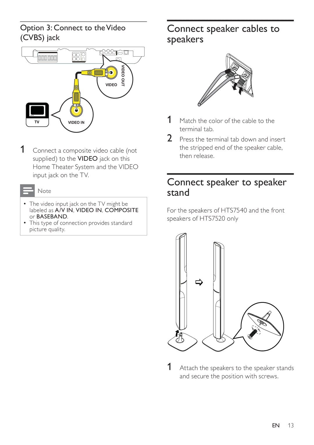 Philips HTS7520, HTS7500 user manual Connect speaker cables to speakers, Connect speaker to speaker stand 