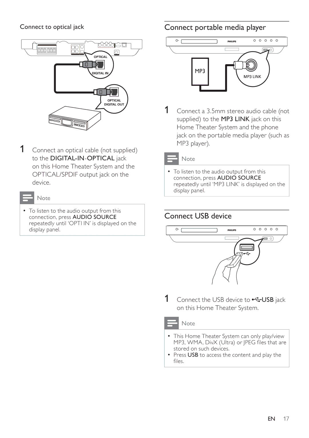 Philips HTS7520, HTS7500 user manual Connect portable media player, Connect USB device, Connect to optical jack 