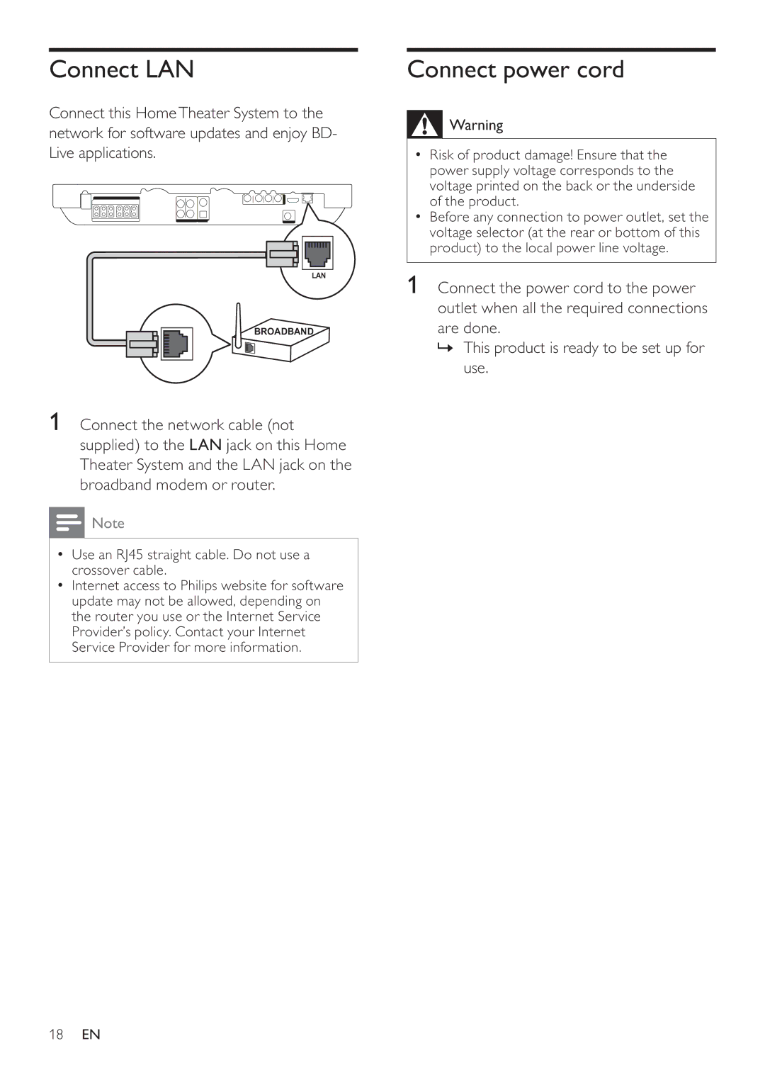 Philips HTS7500, HTS7520 user manual Connect LAN, Connect power cord 