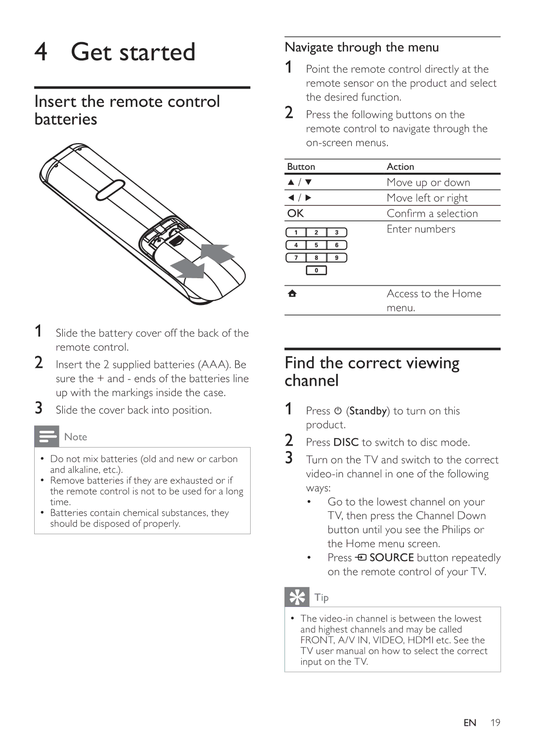 Philips HTS7520, HTS7500 user manual Get started, Insert the remote control batteries, Find the correct viewing channel 