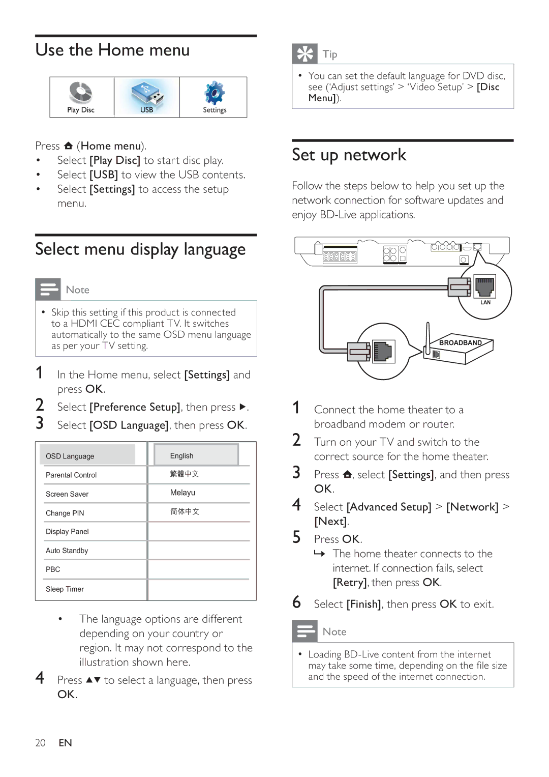 Philips HTS7500, HTS7520 user manual Use the Home menu, Select menu display language, Set up network 