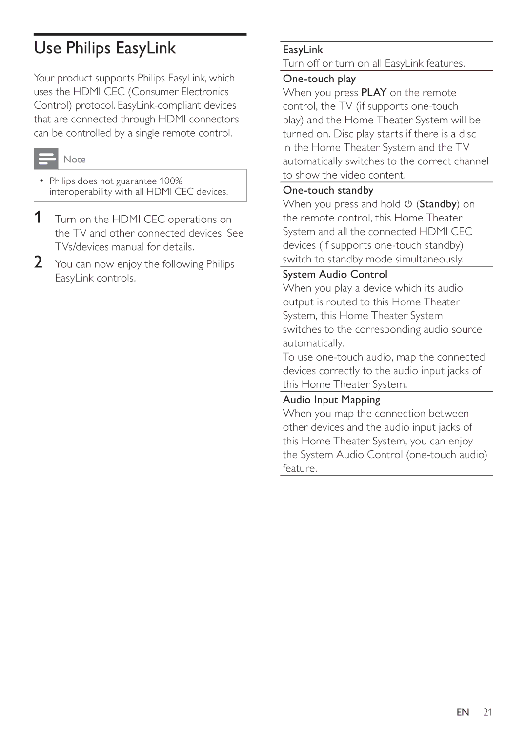 Philips HTS7520, HTS7500 user manual Use Philips EasyLink 