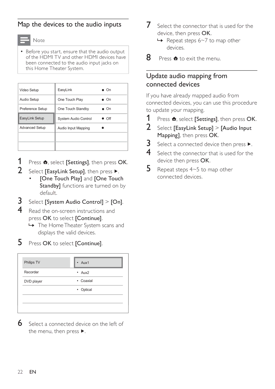 Philips HTS7500, HTS7520 user manual Map the devices to the audio inputs, Update audio mapping from connected devices 