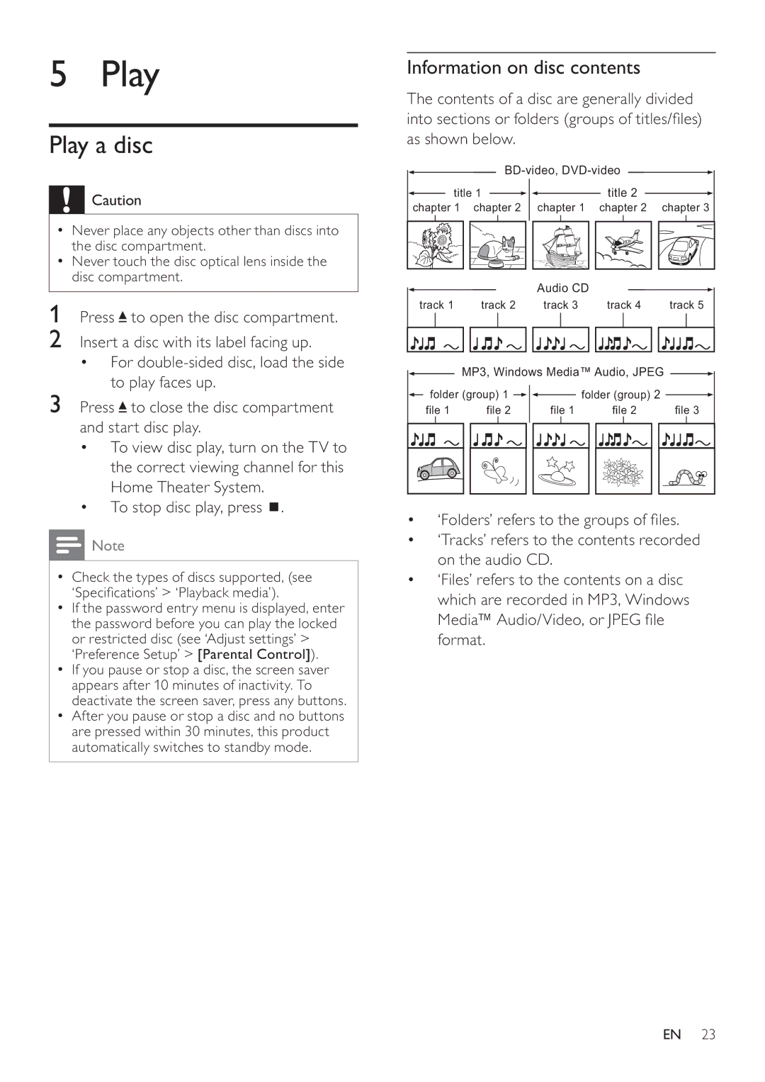 Philips HTS7520, HTS7500 user manual Play a disc, Information on disc contents 