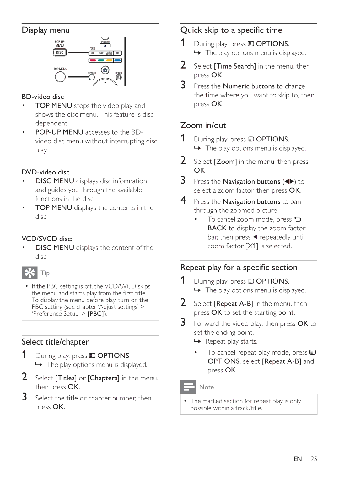 Philips HTS7520, HTS7500 user manual Display menu, Select title/chapter, Quick skip to a speci c time, Zoom in/out 