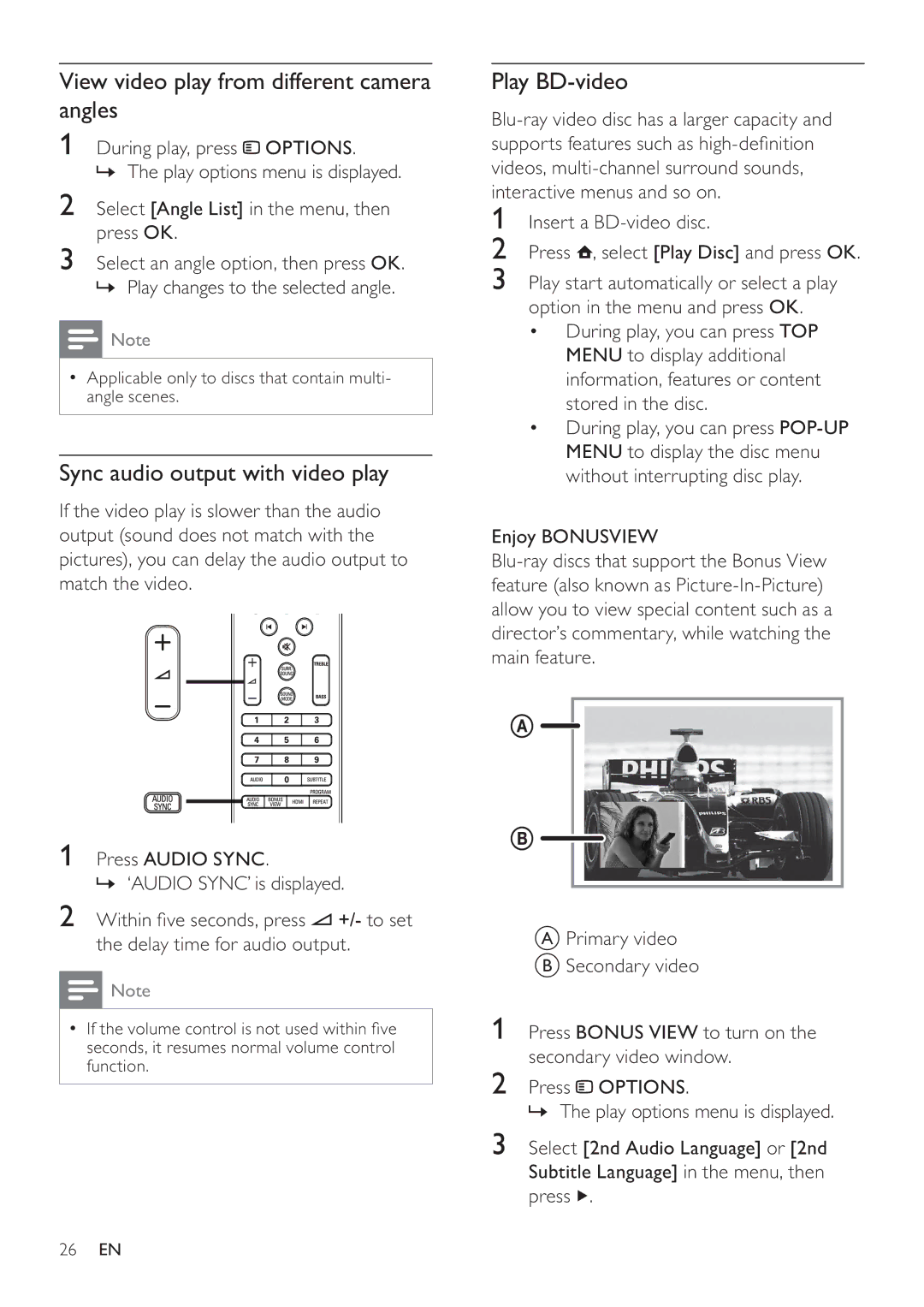 Philips HTS7500, HTS7520 View video play from different camera angles, Sync audio output with video play, Play BD-video 