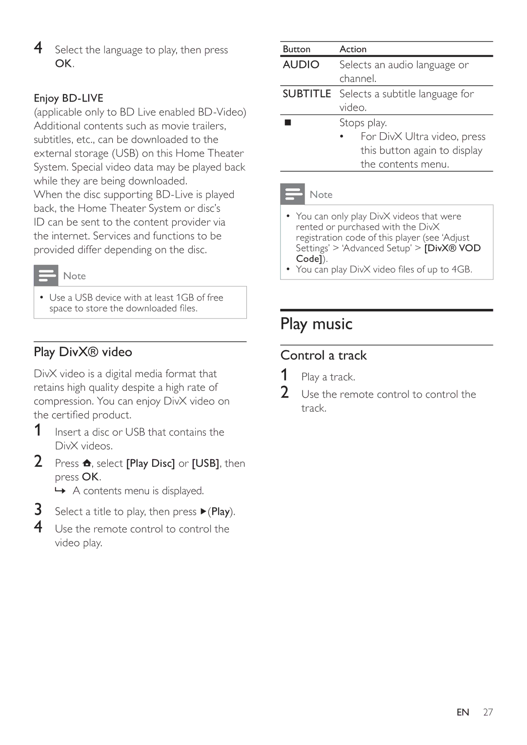 Philips HTS7520 Play music, Play DivX video, Control a track, Select the language to play, then press OK Enjoy BD-LIVE 