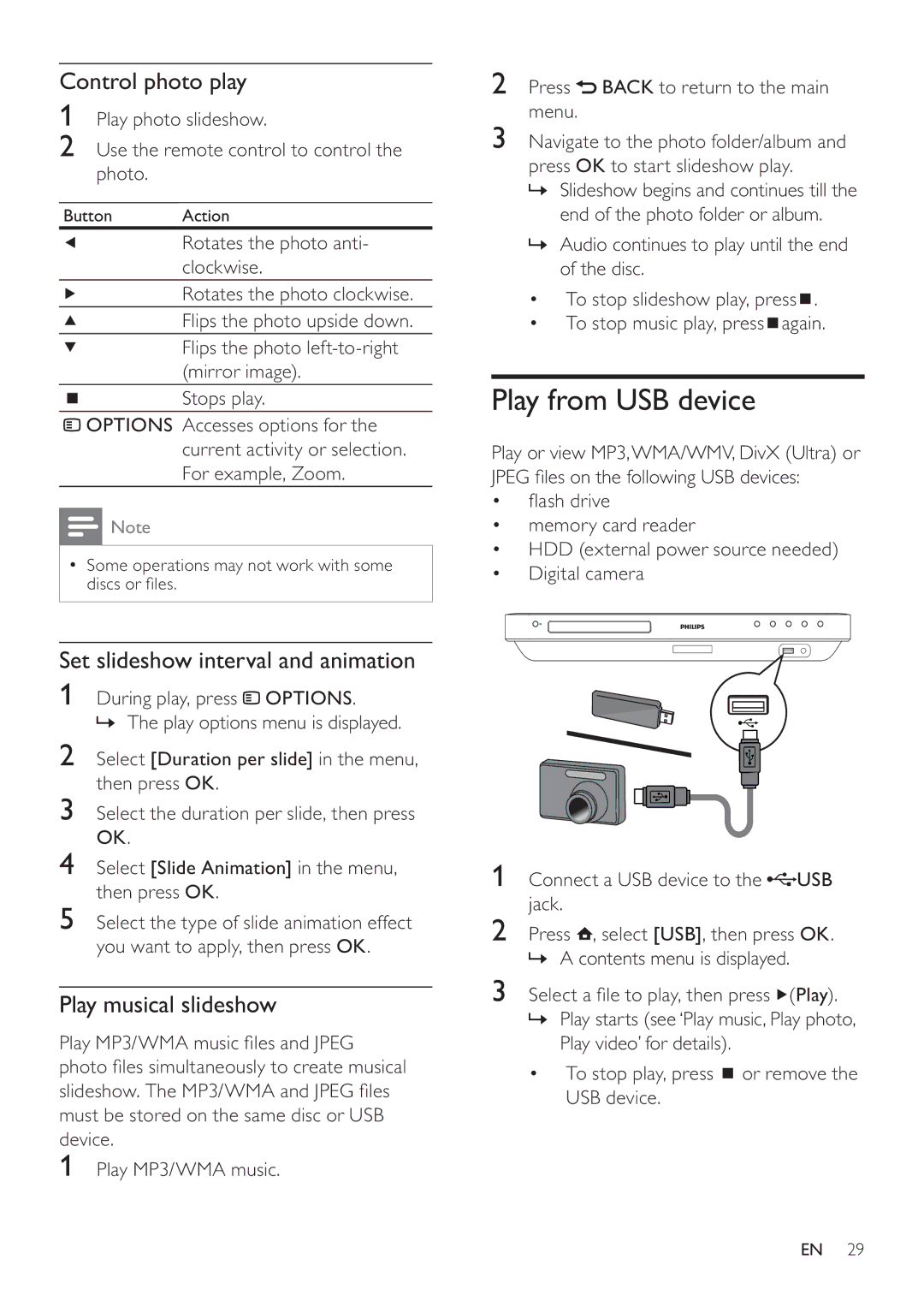 Philips HTS7520 Play from USB device, Control photo play, Set slideshow interval and animation, Play musical slideshow 