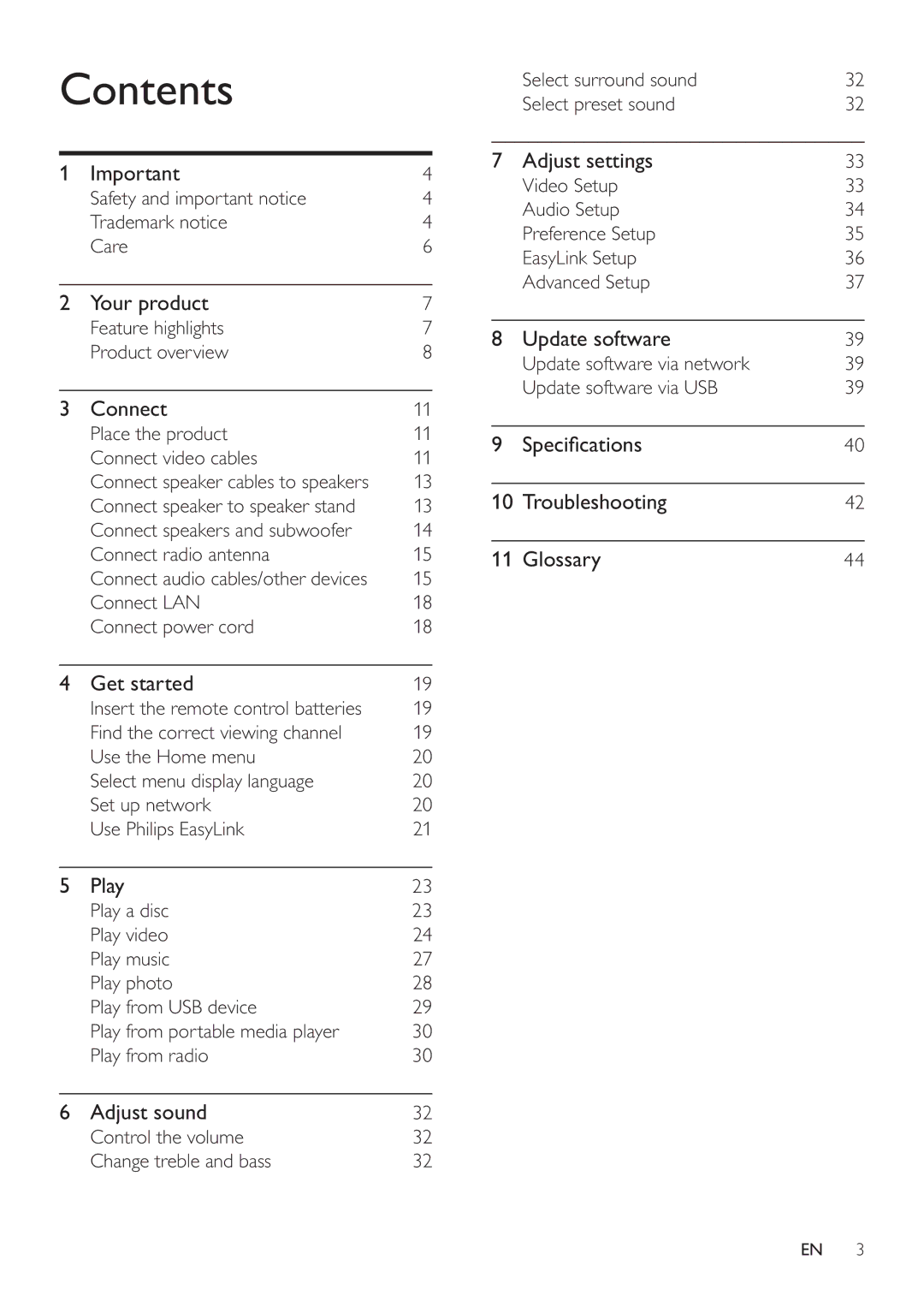 Philips HTS7520, HTS7500 user manual Contents 