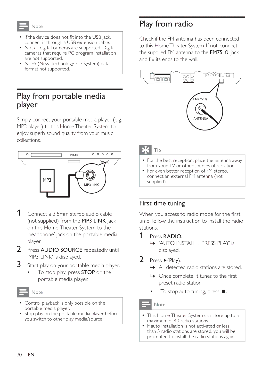 Philips HTS7500, HTS7520 user manual Play from portable media player, Play from radio, First time tuning 