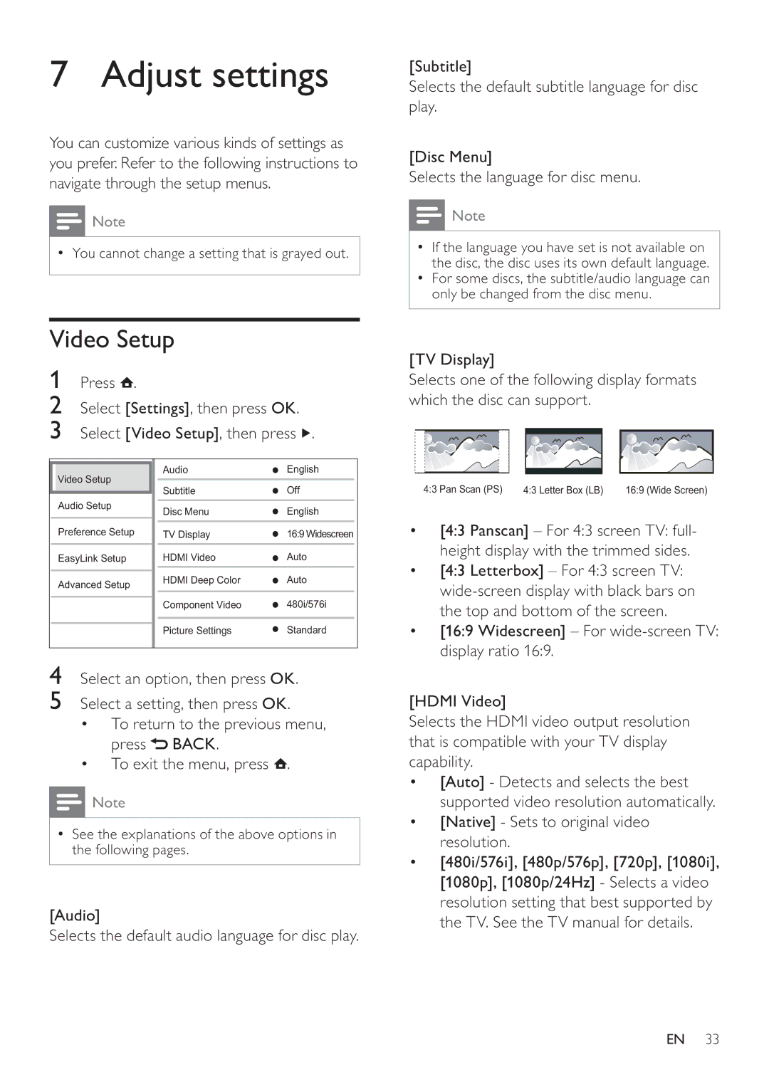 Philips HTS7520, HTS7500 user manual Adjust settings, Video Setup, Letterbox For 43 screen TV, Top and bottom of the screen 