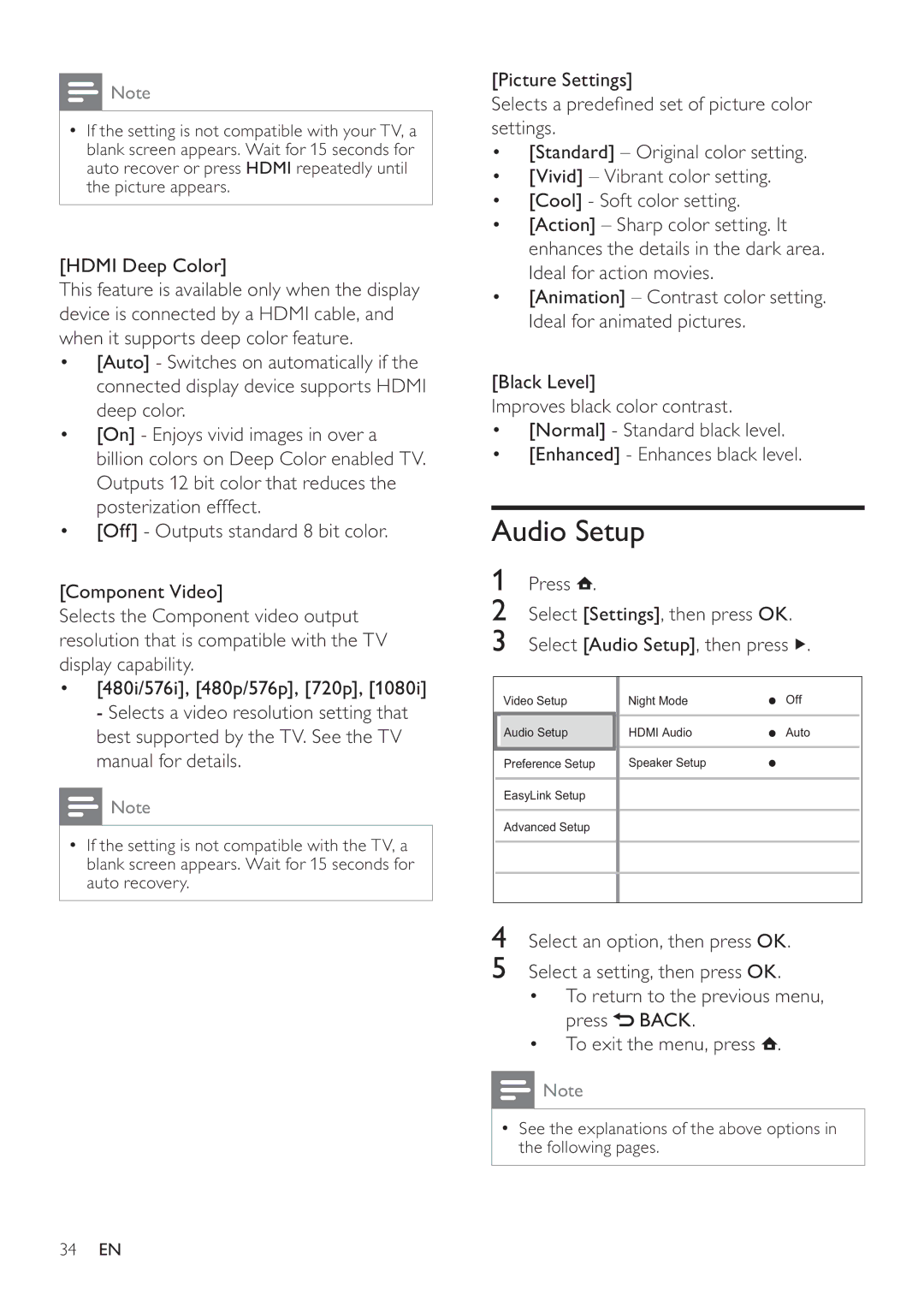 Philips HTS7500, HTS7520 user manual Audio Setup, Hdmi Deep Color 