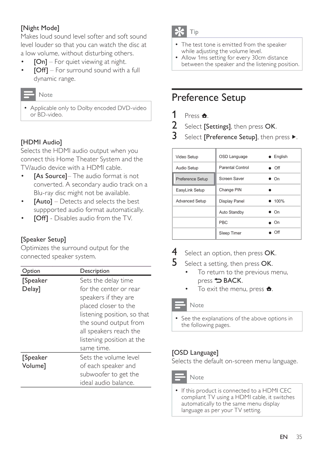 Philips HTS7520, HTS7500 user manual Preference Setup 