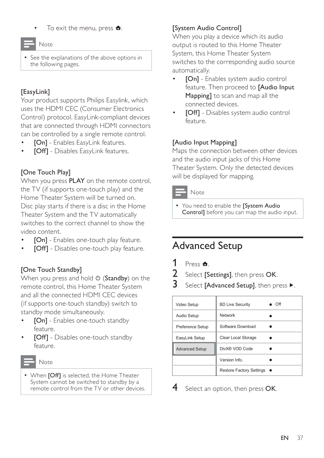 Philips HTS7520, HTS7500 user manual Advanced Setup, EasyLink, Select an option, then press OK 