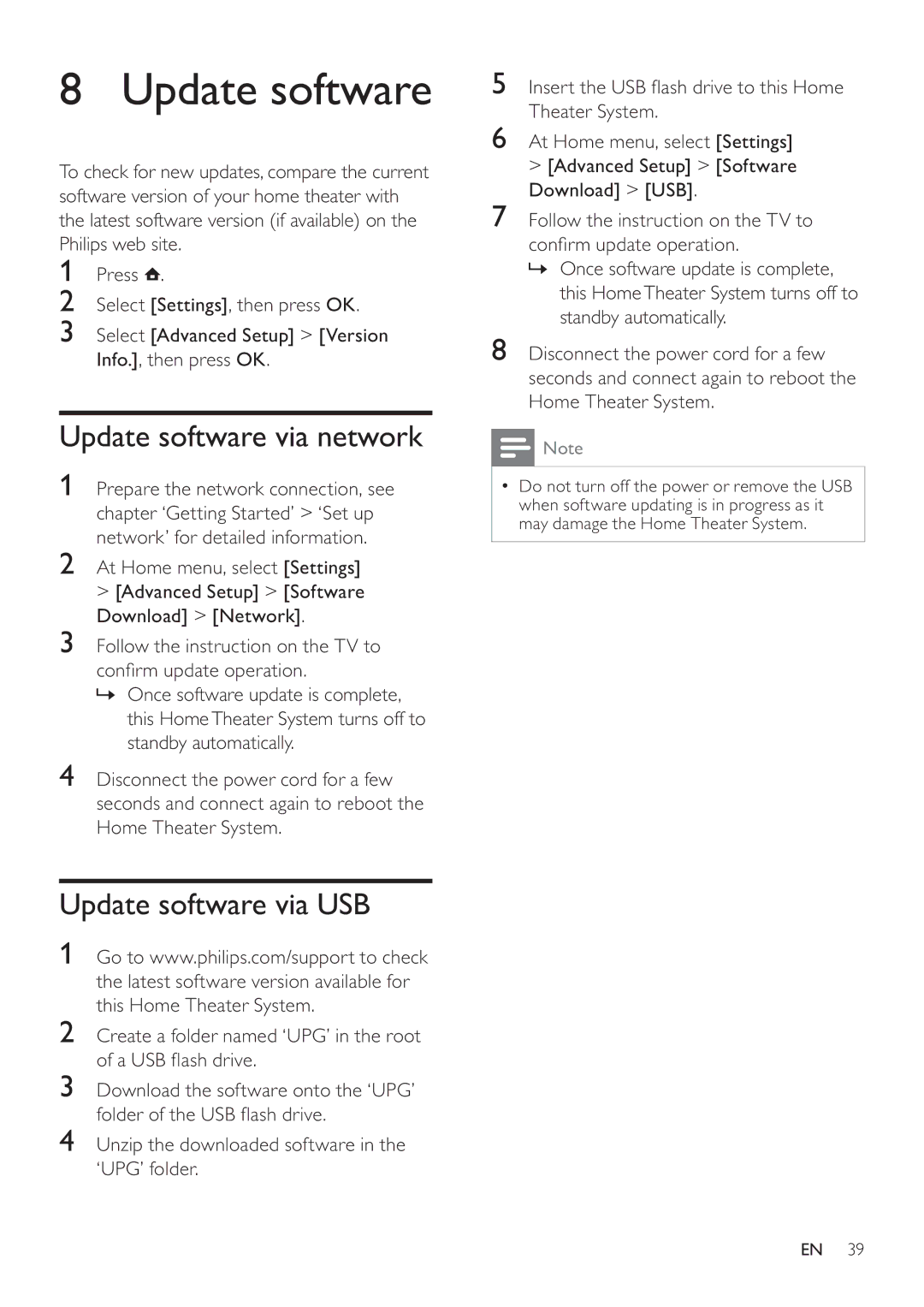 Philips HTS7520, HTS7500 user manual Update software via network, Update software via USB 