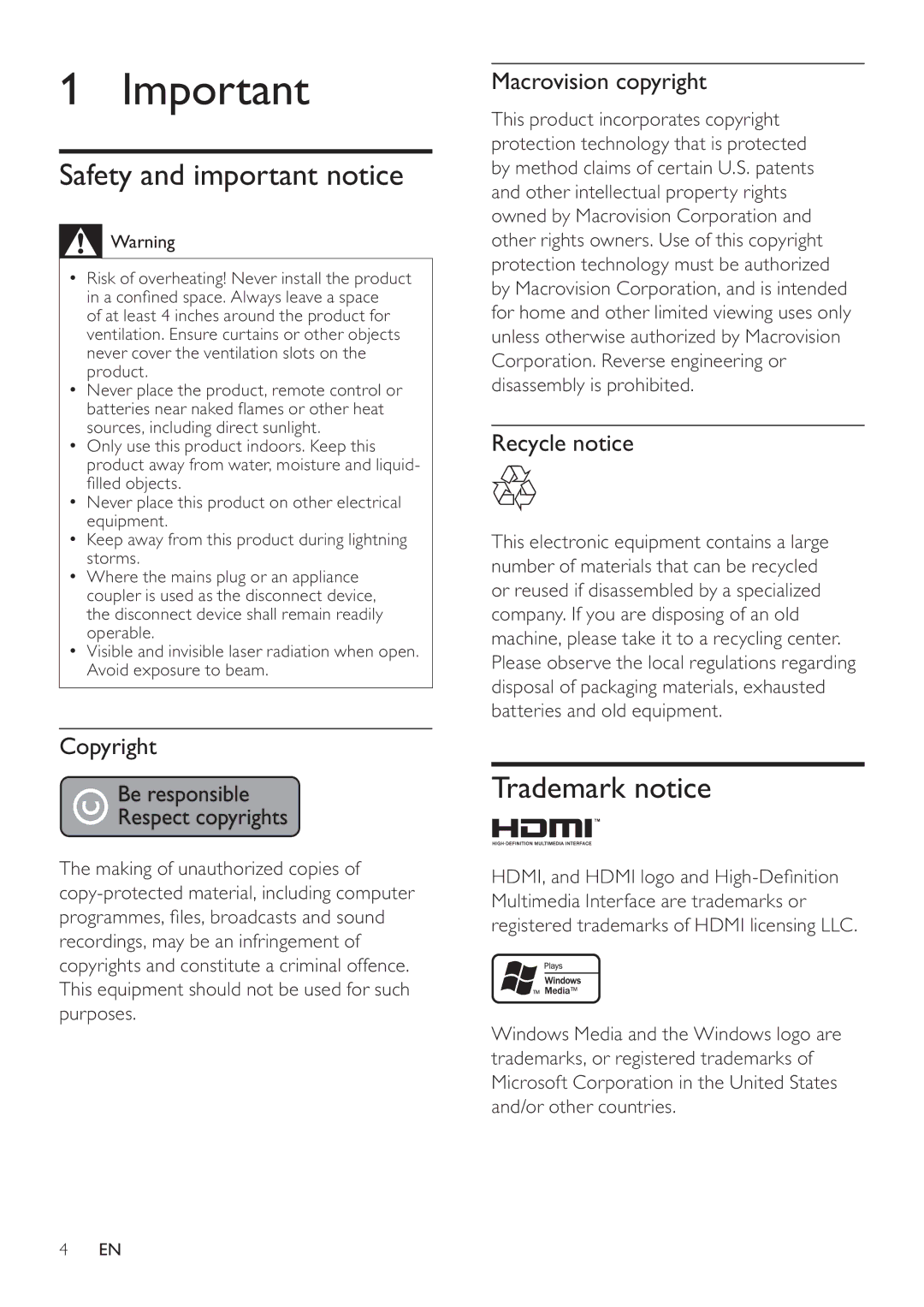 Philips HTS7500, HTS7520 Safety and important notice, Trademark notice, Copyright, Macrovision copyright, Recycle notice 