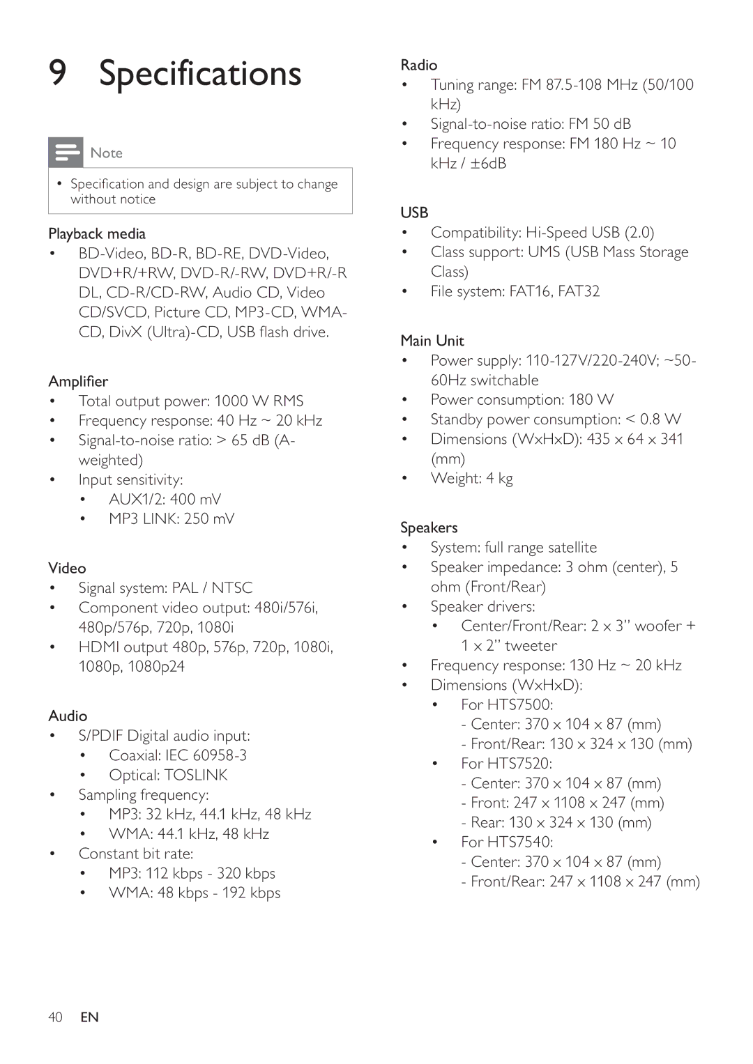 Philips HTS7500, HTS7520 user manual Specifications, Playback media, Usb 