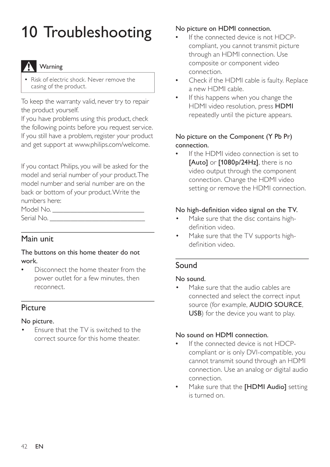 Philips HTS7500, HTS7520 user manual Troubleshooting, Picture, Sound 