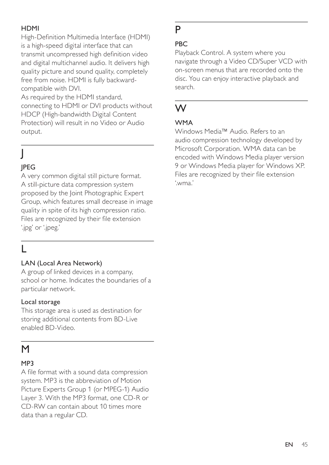 Philips HTS7520, HTS7500 user manual Hdmi, Jpeg, MP3, Wma 