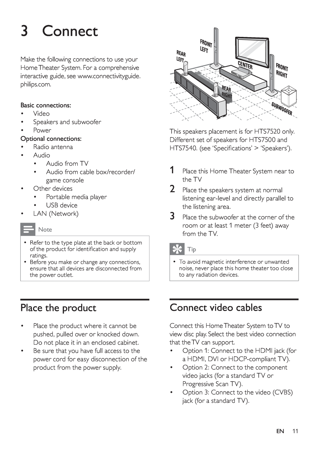 Philips HTS7520, HTS7500 user manual Place the product, Connect video cables, Subwoofer, Center 