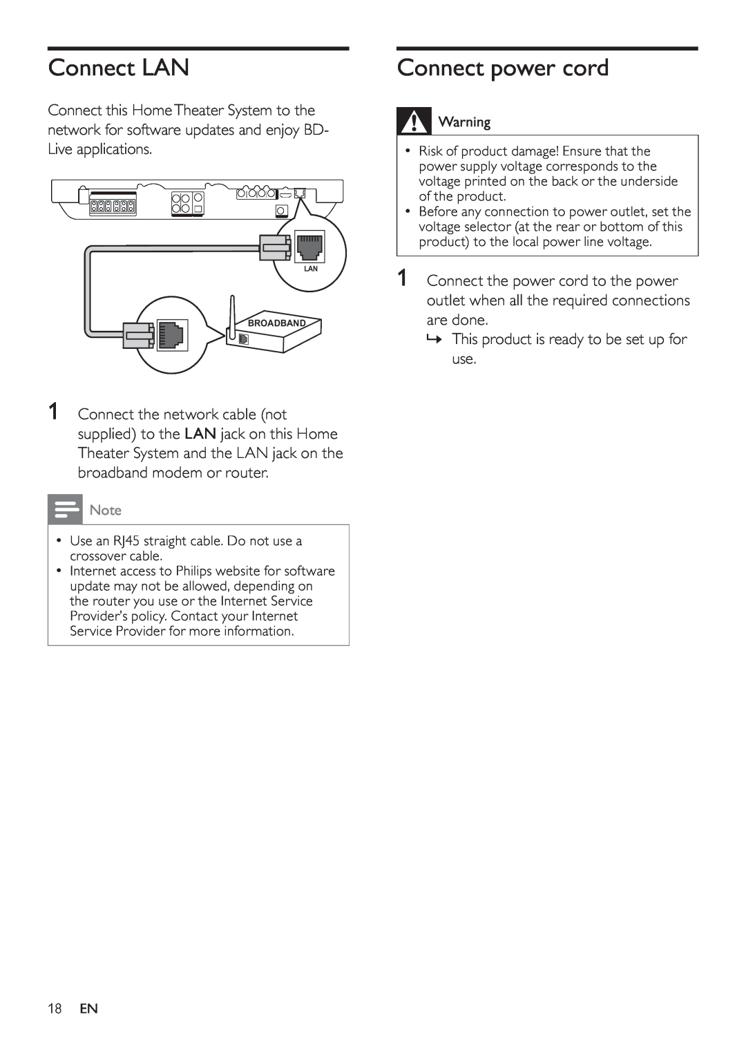 Philips HTS7500, HTS7520 user manual Connect LAN, Connect power cord 