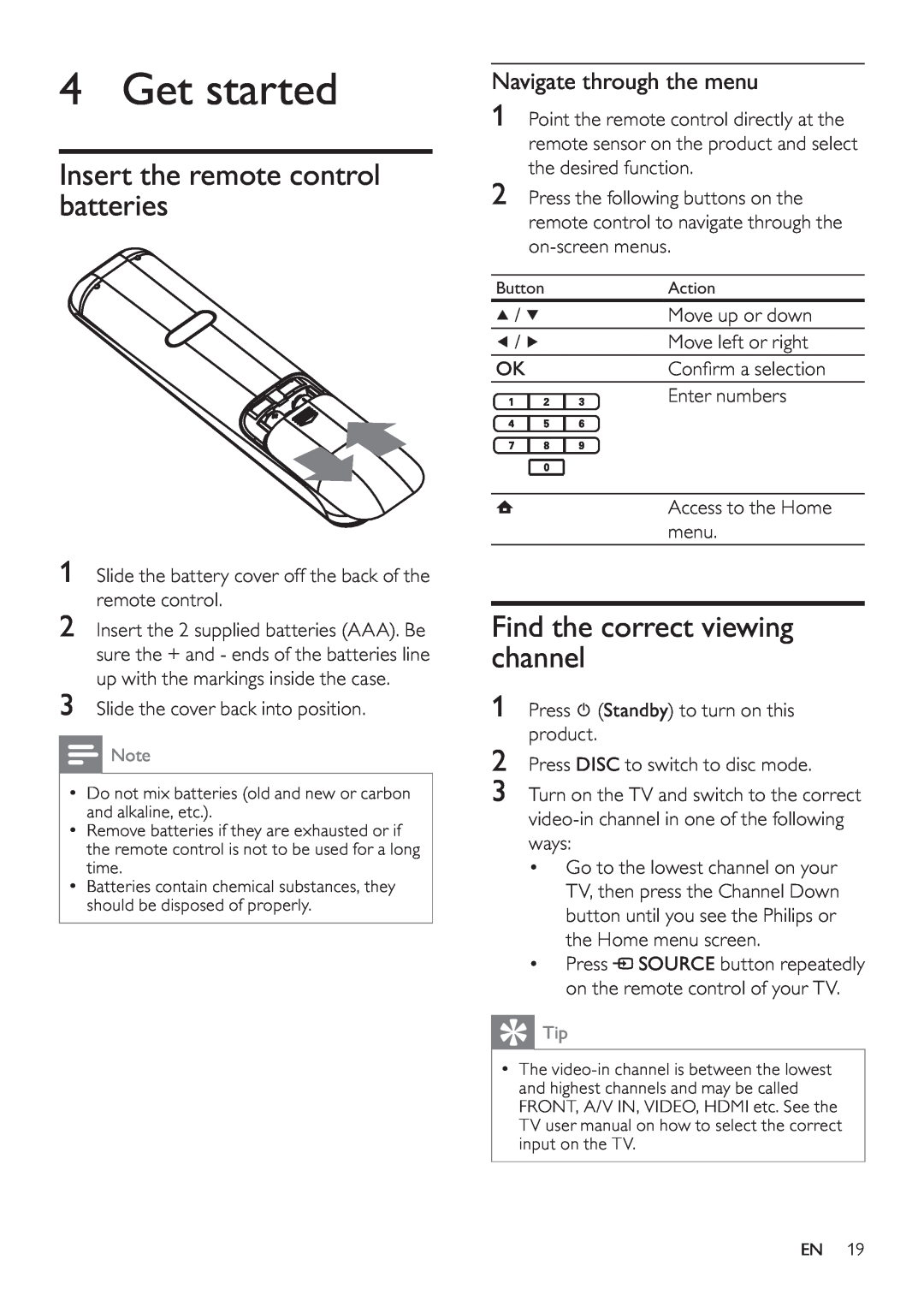 Philips HTS7520, HTS7500 user manual Get started, Insert the remote control batteries, Find the correct viewing channel 