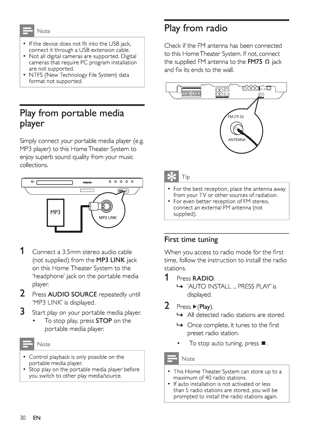 Philips HTS7500, HTS7520 user manual Play from portable media player, Play from radio, First time tuning 
