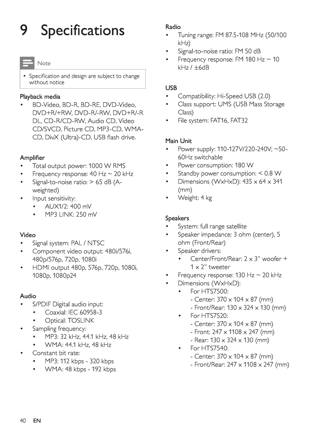Philips HTS7500, HTS7520 user manual Specifications 