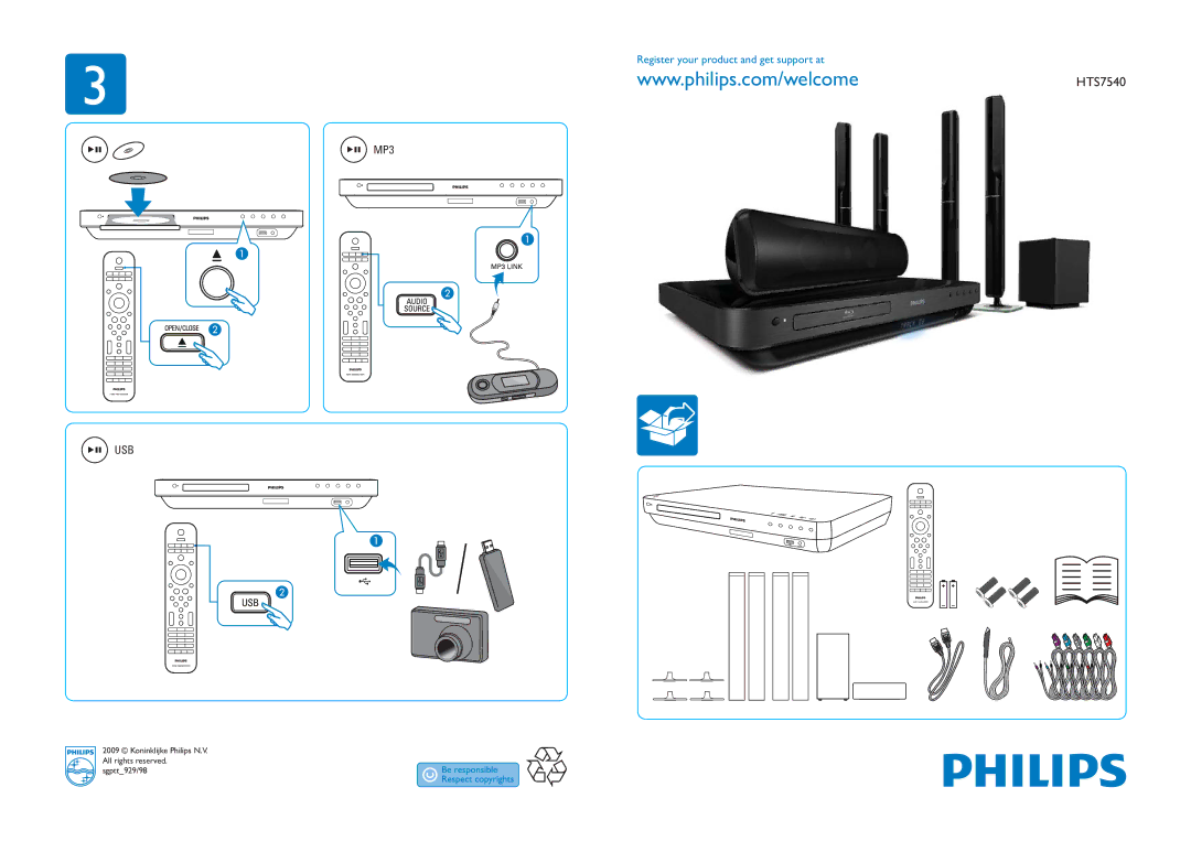 Philips HTS7540 manual MP3 USB 