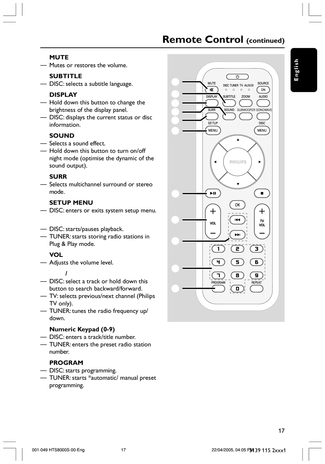 Philips HTS8000S user manual ¡ Vol +, £ Numeric Keypad 