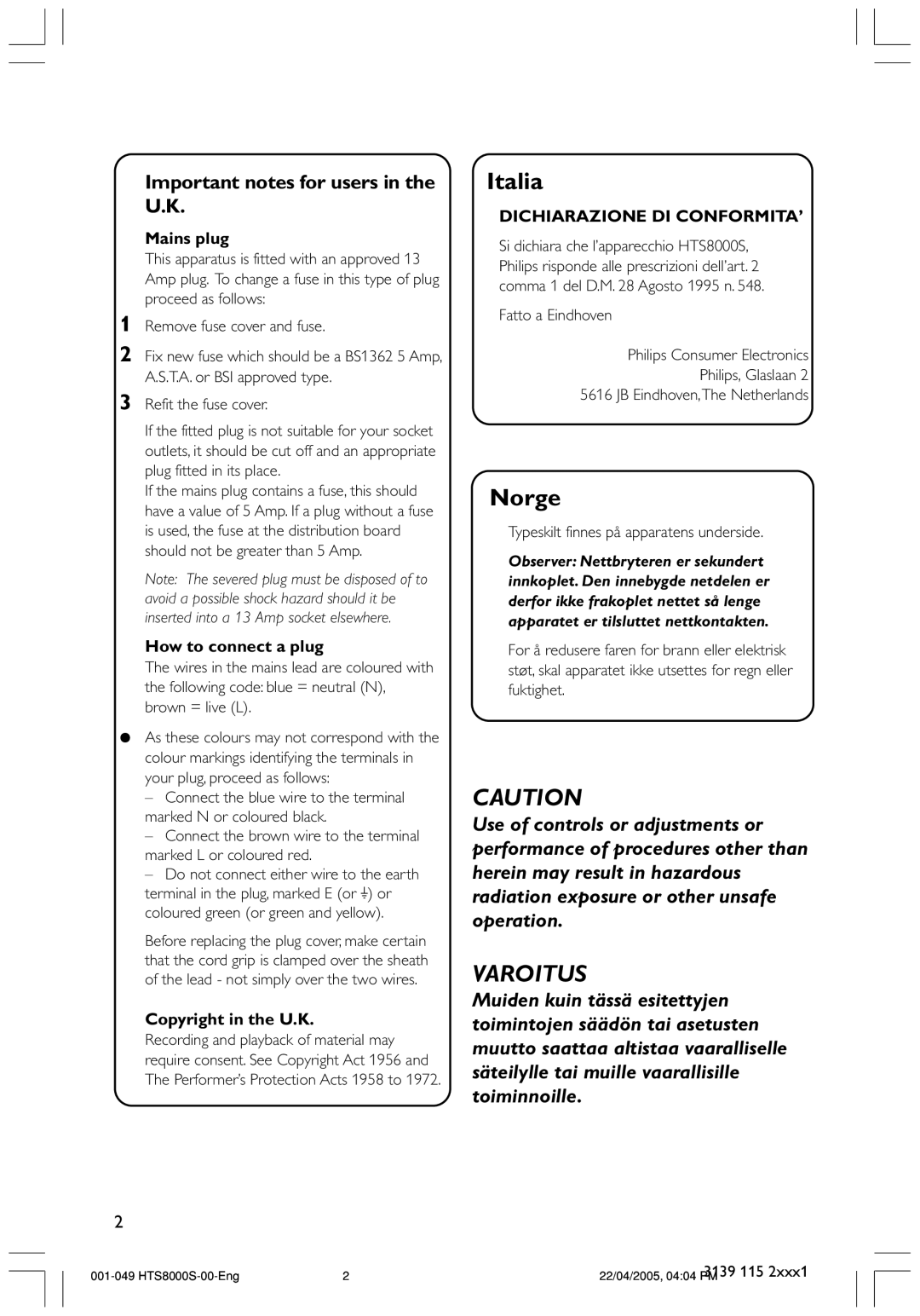 Philips HTS8000S user manual Varoitus 