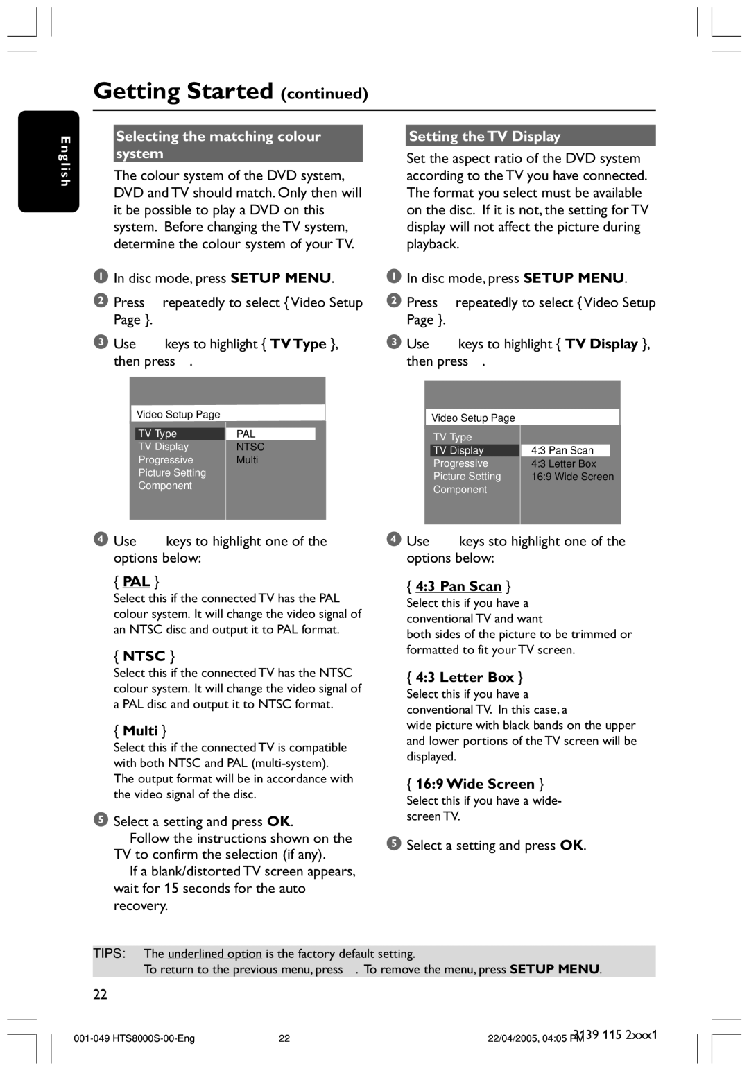 Philips HTS8000S user manual Selecting the matching colour Setting the TV Display, System 