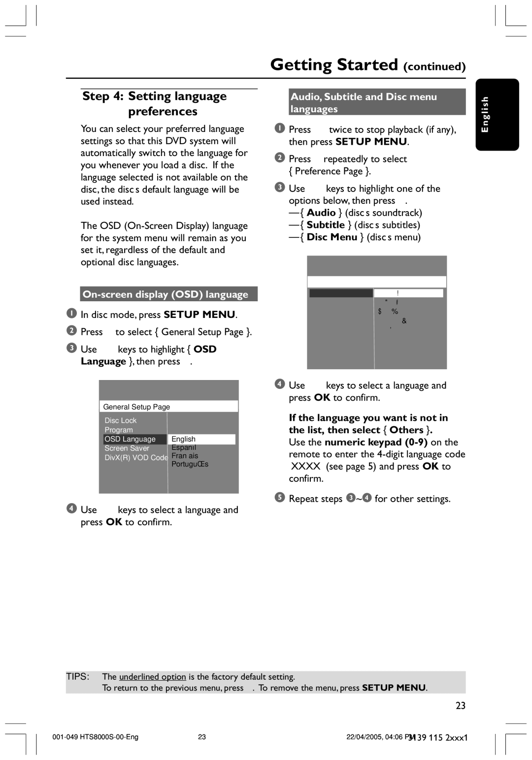 Philips HTS8000S user manual On-screen display OSD language, Disc mode, press Setup Menu Press 2 to select General Setup 