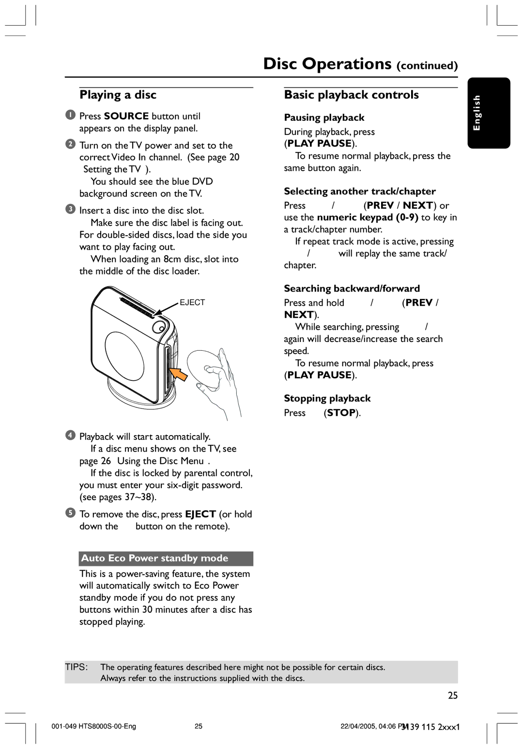 Philips HTS8000S user manual Playing a disc, Basic playback controls, Auto Eco Power standby mode 