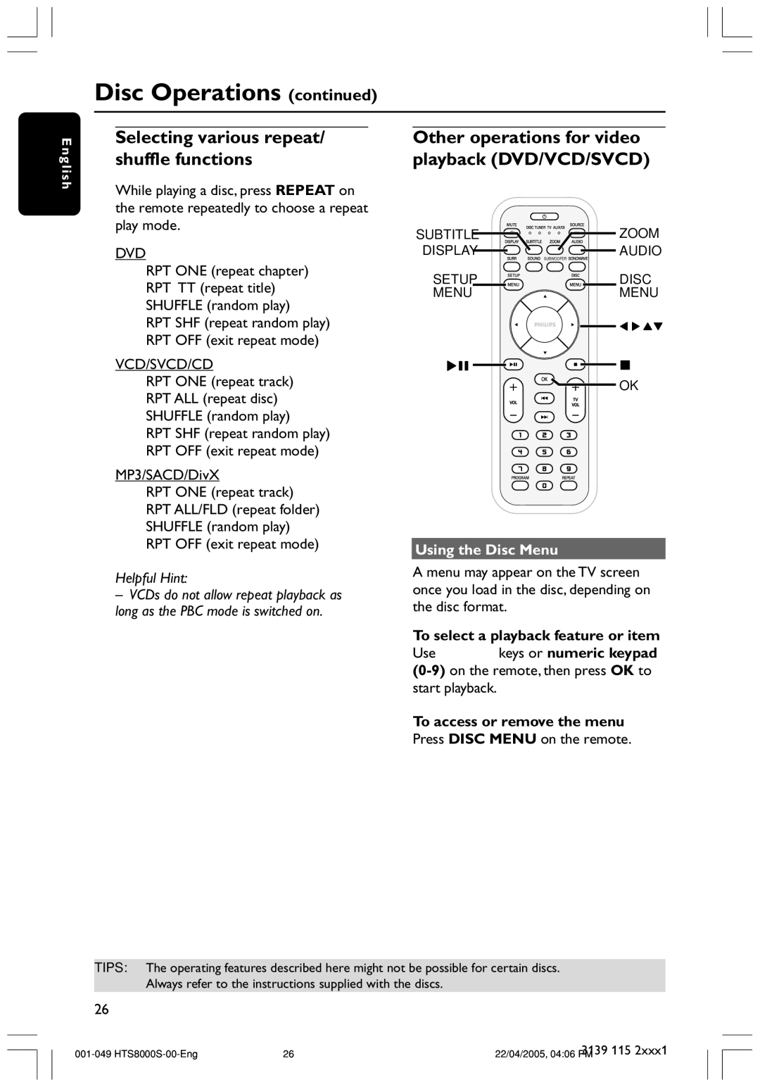 Philips HTS8000S user manual Selecting various repeat/ shuffle functions, Other operations for video playback DVD/VCD/SVCD 