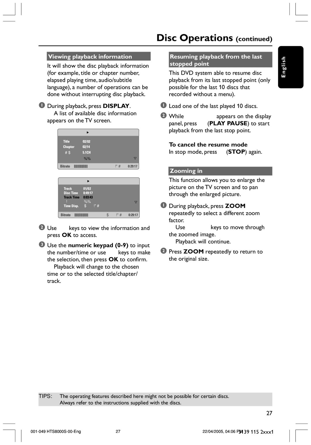 Philips HTS8000S Viewing playback information, Resuming playback from the last stopped point, To cancel the resume mode 