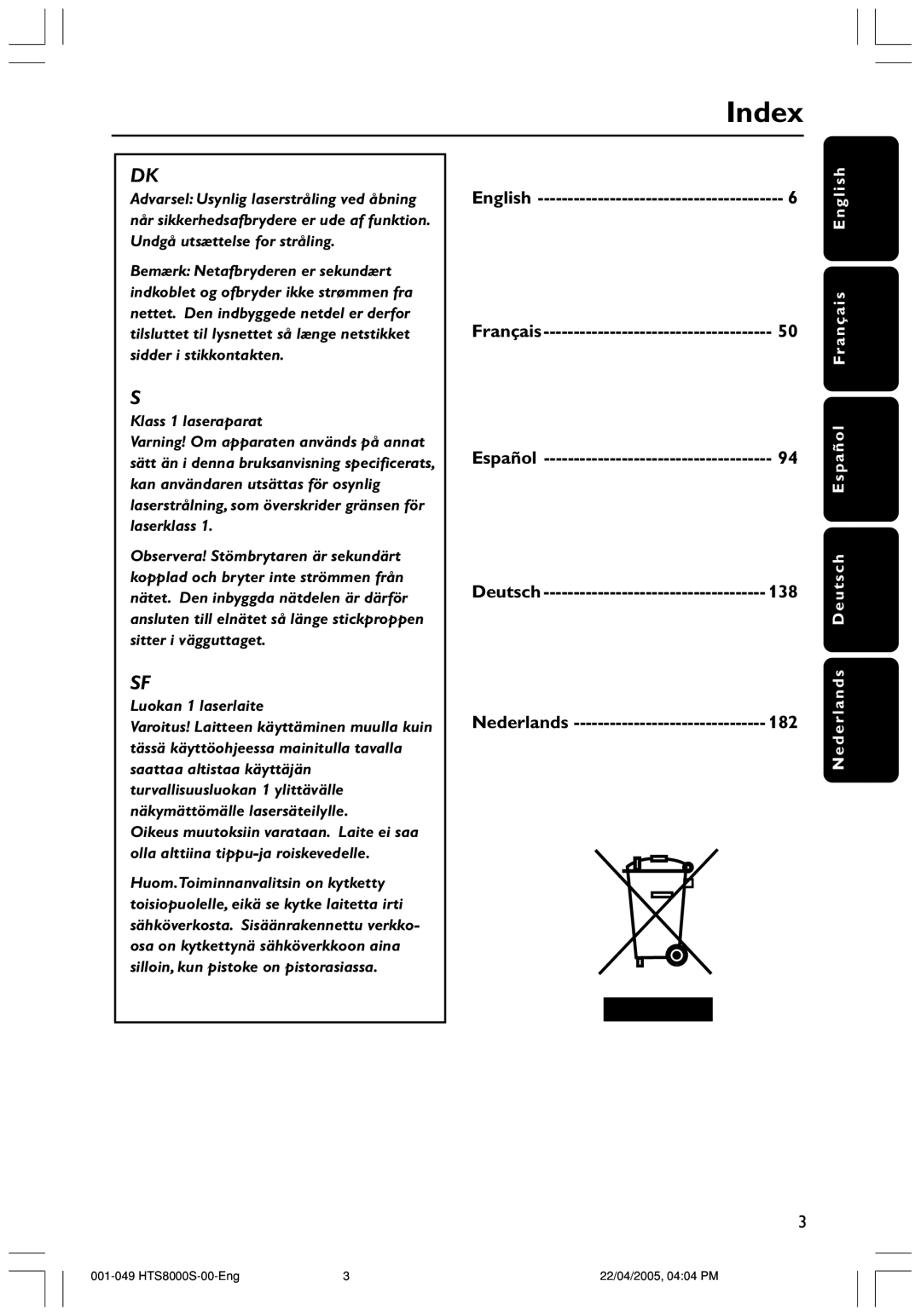 Philips HTS8000S user manual Index, English, Español, 138, Nederlands 182 