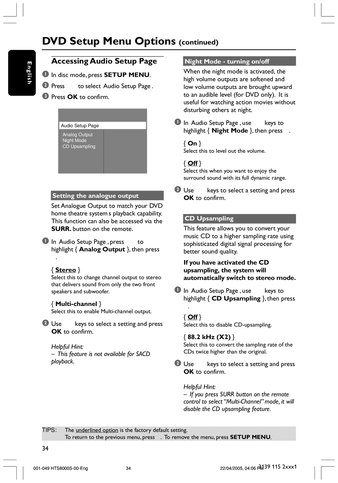 Philips HTS8000S user manual Accessing Audio Setup, Night Mode turning on/off, Setting the analogue output, CD Upsampling 