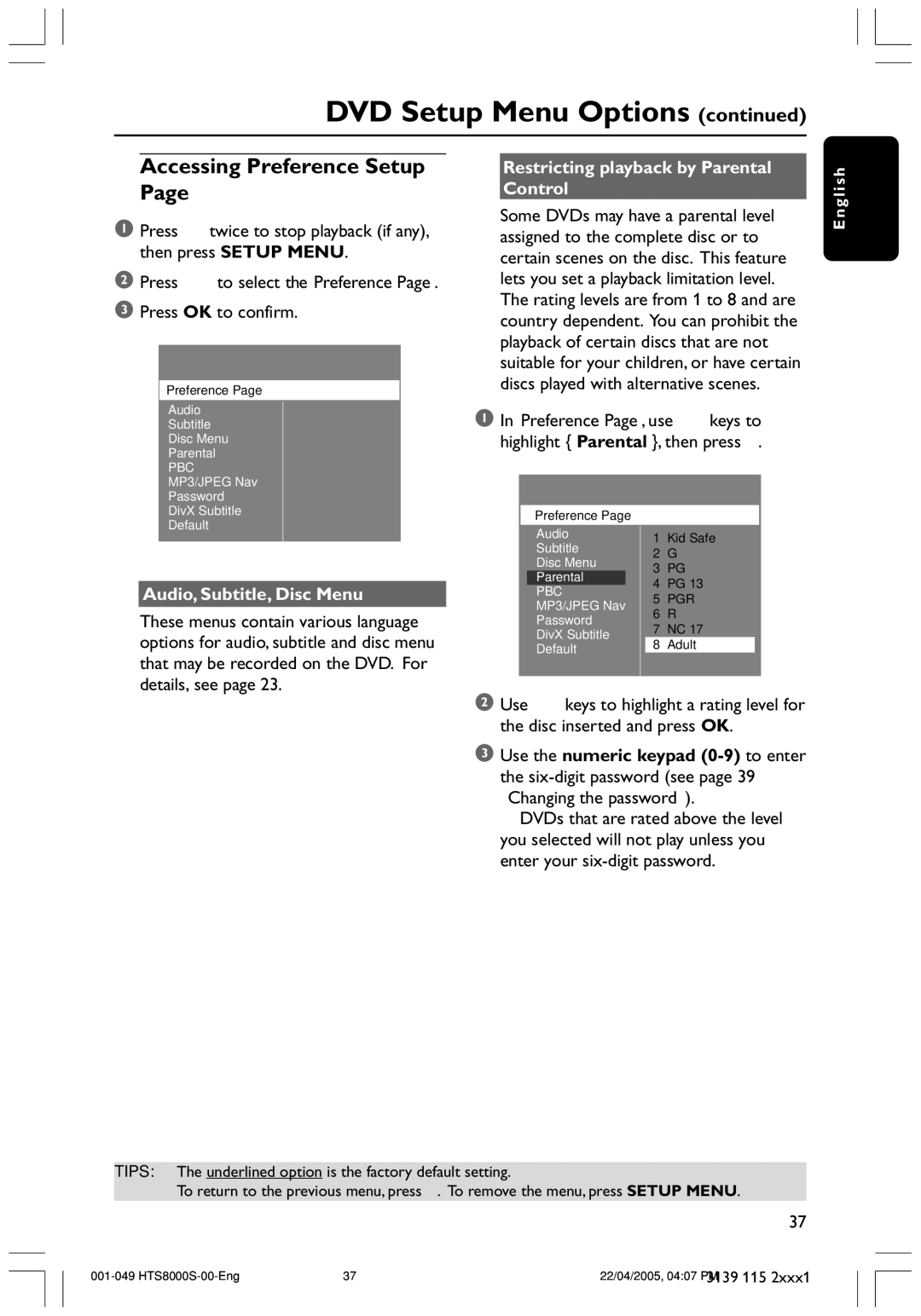 Philips HTS8000S Accessing Preference Setup, Audio, Subtitle, Disc Menu, Restricting playback by Parental Control 