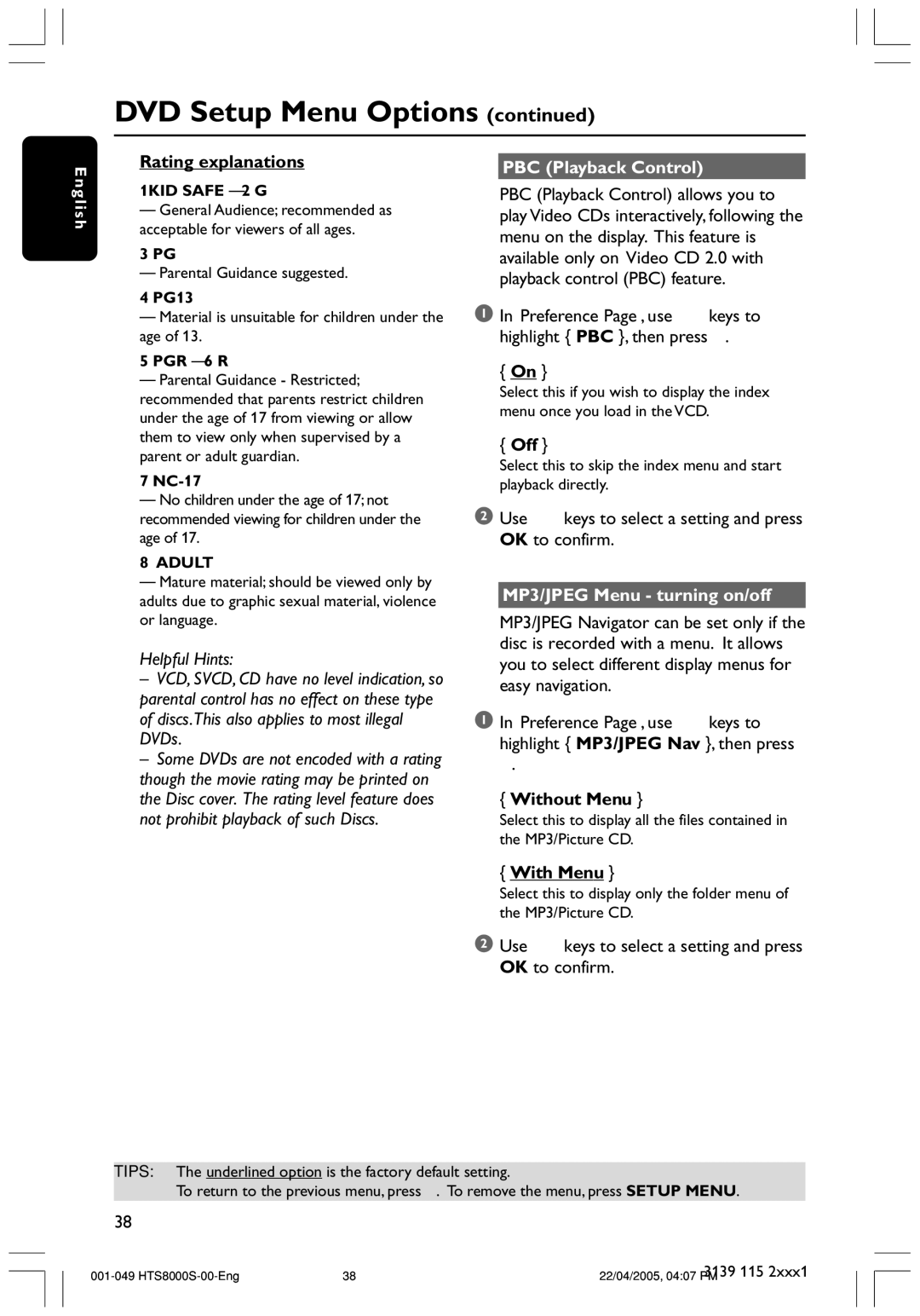 Philips HTS8000S Rating explanations, PBC Playback Control, MP3/JPEG Menu turning on/off, Without Menu, With Menu 