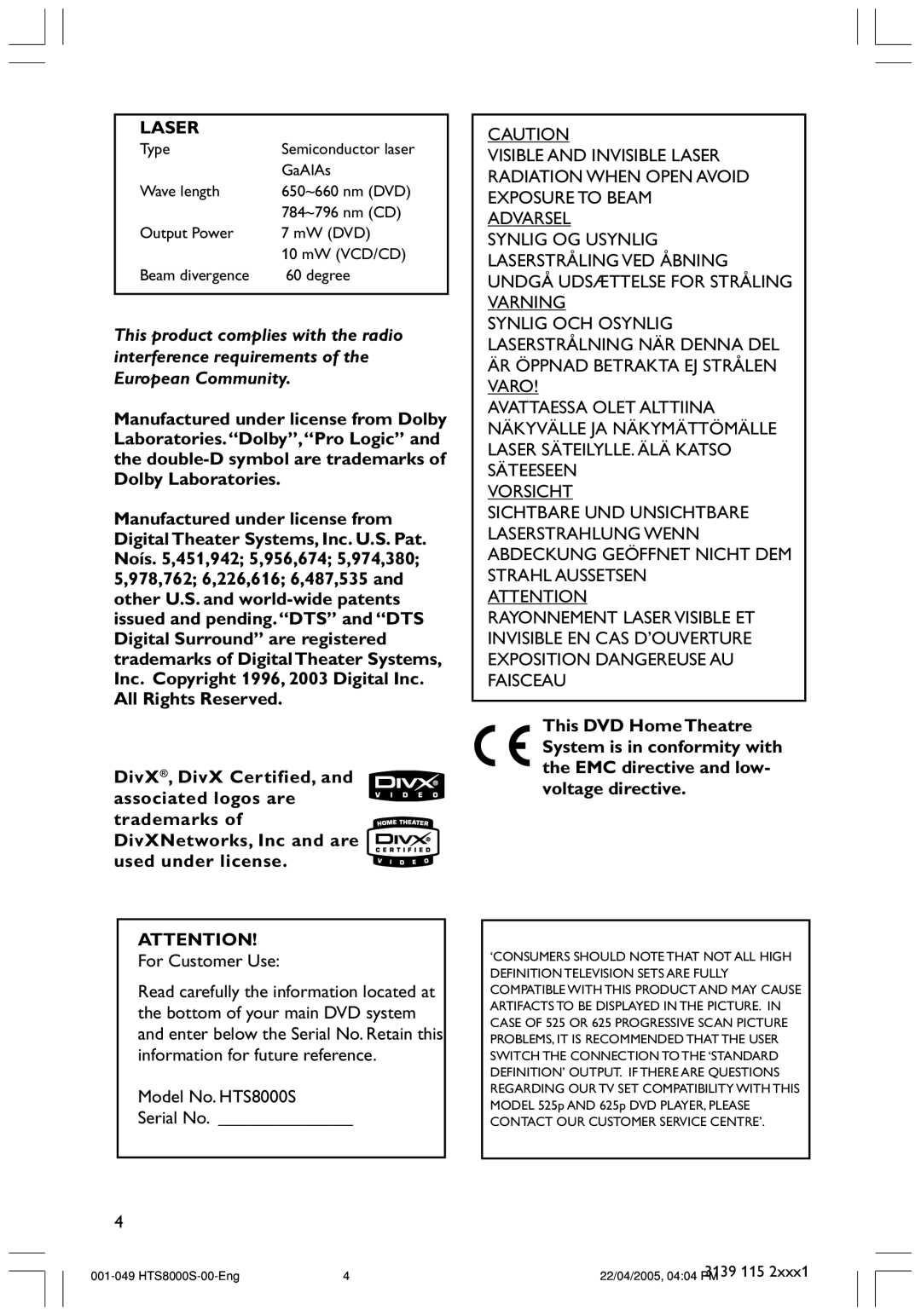 Philips user manual For Customer Use, Model No. HTS8000S Serial No 