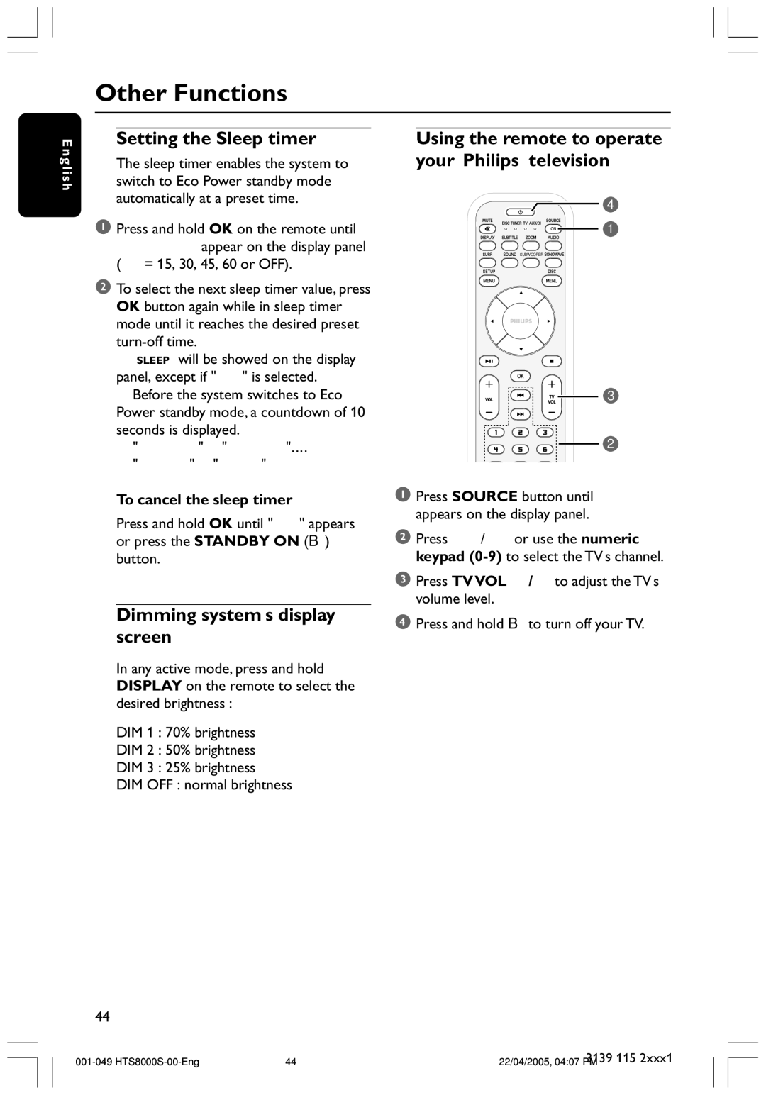 Philips HTS8000S Other Functions, Setting the Sleep timer, Using the remote to operate your ‘Philips’ television, Screen 