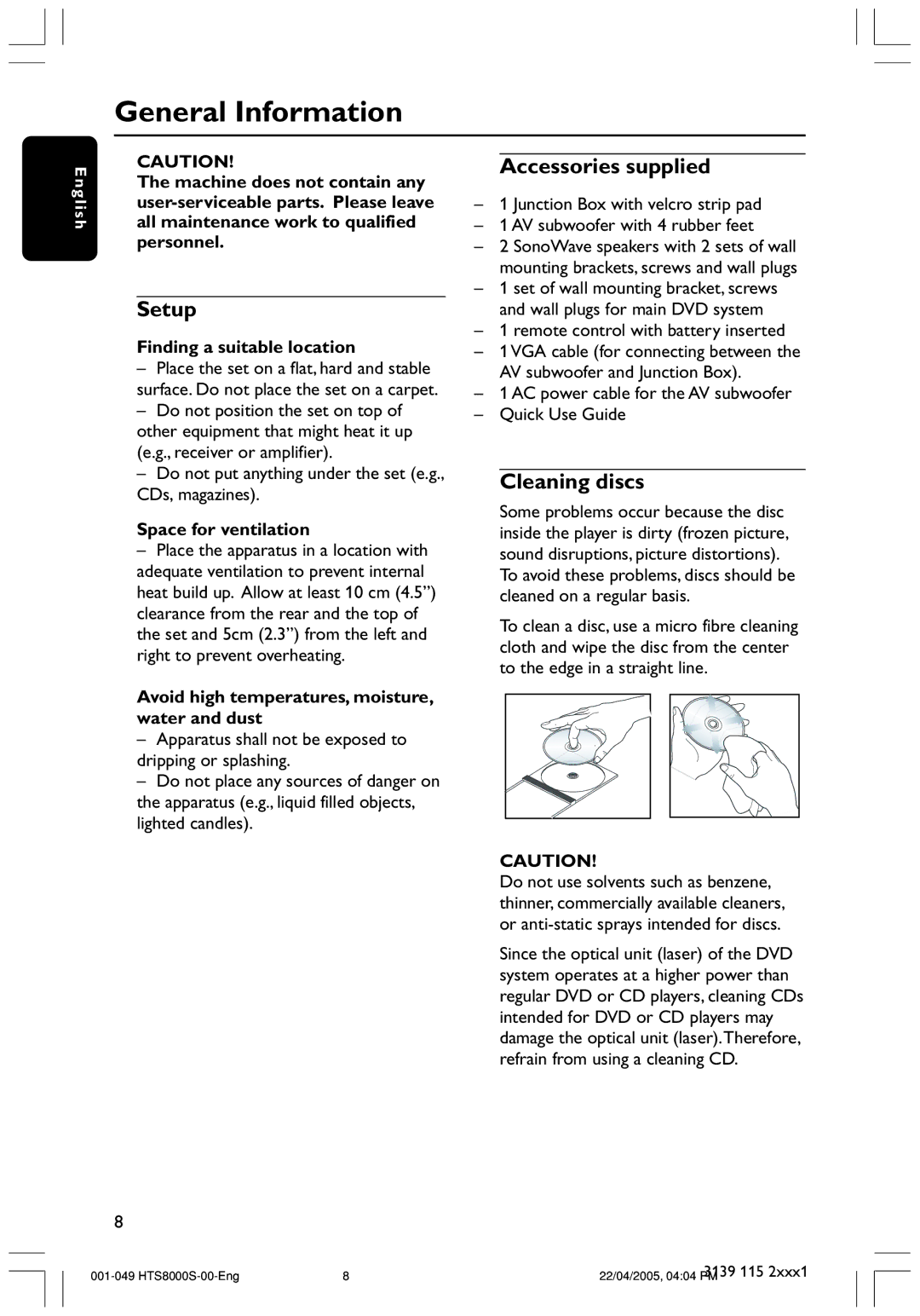 Philips HTS8000S user manual General Information, Setup, Accessories supplied, Cleaning discs 