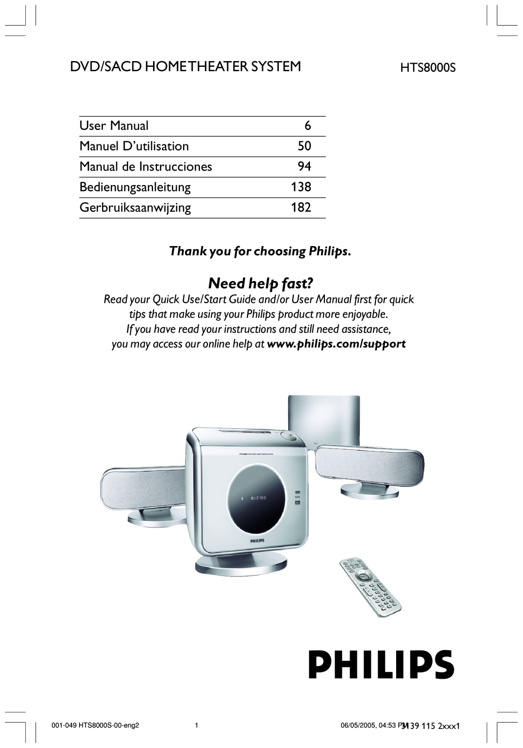 Philips HTS8000S user manual Thank you for choosing Philips, Need help fast?, Dvd/Sacd Hometheater System 