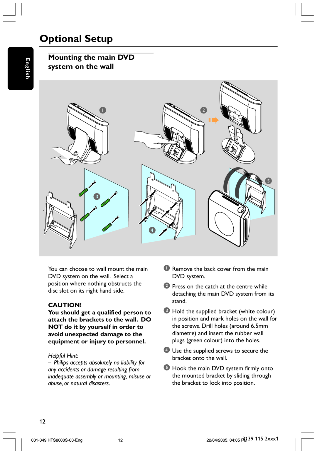 Philips HTS8000S user manual Optional Setup, Mounting the main DVD system on the wall, Helpful Hint, E n g l i s h 