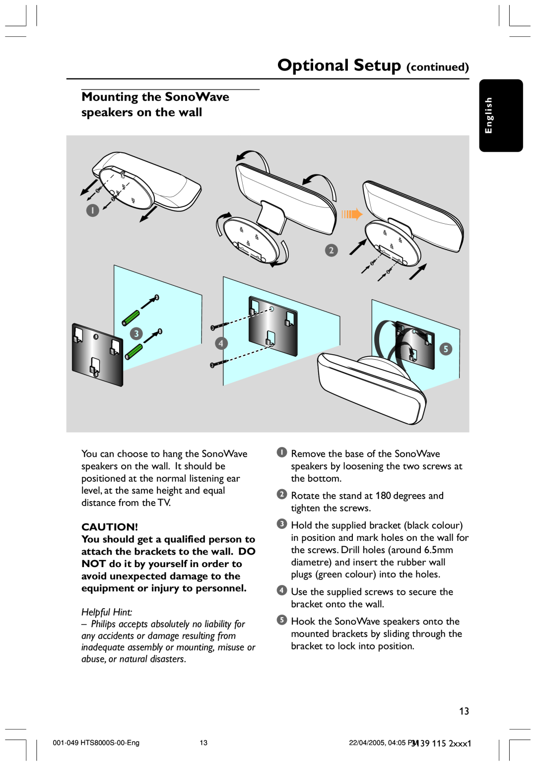 Philips HTS8000S user manual Optional Setup continued, Mounting the SonoWave speakers on the wall, Helpful Hint 