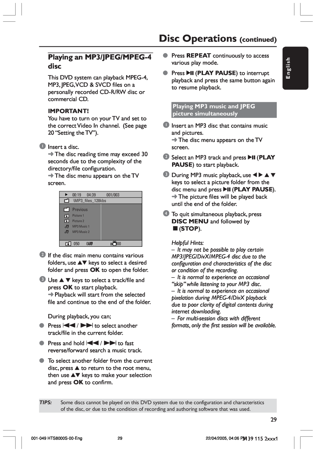 Philips HTS8000S user manual Disc Operations continued, Playing an MP3/JPEG/MPEG-4disc 
